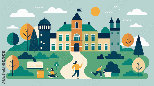 A historic manorturnedretreat offering a mix of traditional and modern activities and practices to support personal development.. Vector illustration