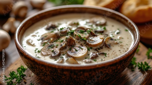A creamy symphony of earthy mushrooms, infused with garlic and herbs, served in a comforting bowl, a culinary delight for any palate.