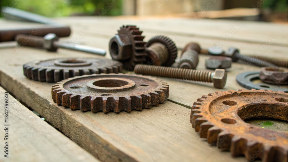 Rusty metal gears and bolts scattered on a wooden workbench, symbolizing mechanical wear and repair, industrial maintenance, and vintage machinery concepts. Rusty metal gears and bolts scattered on a wooden workbench, symbolizing mechanical wear and repair, industrial maintenance, and vintage machinery concepts.
