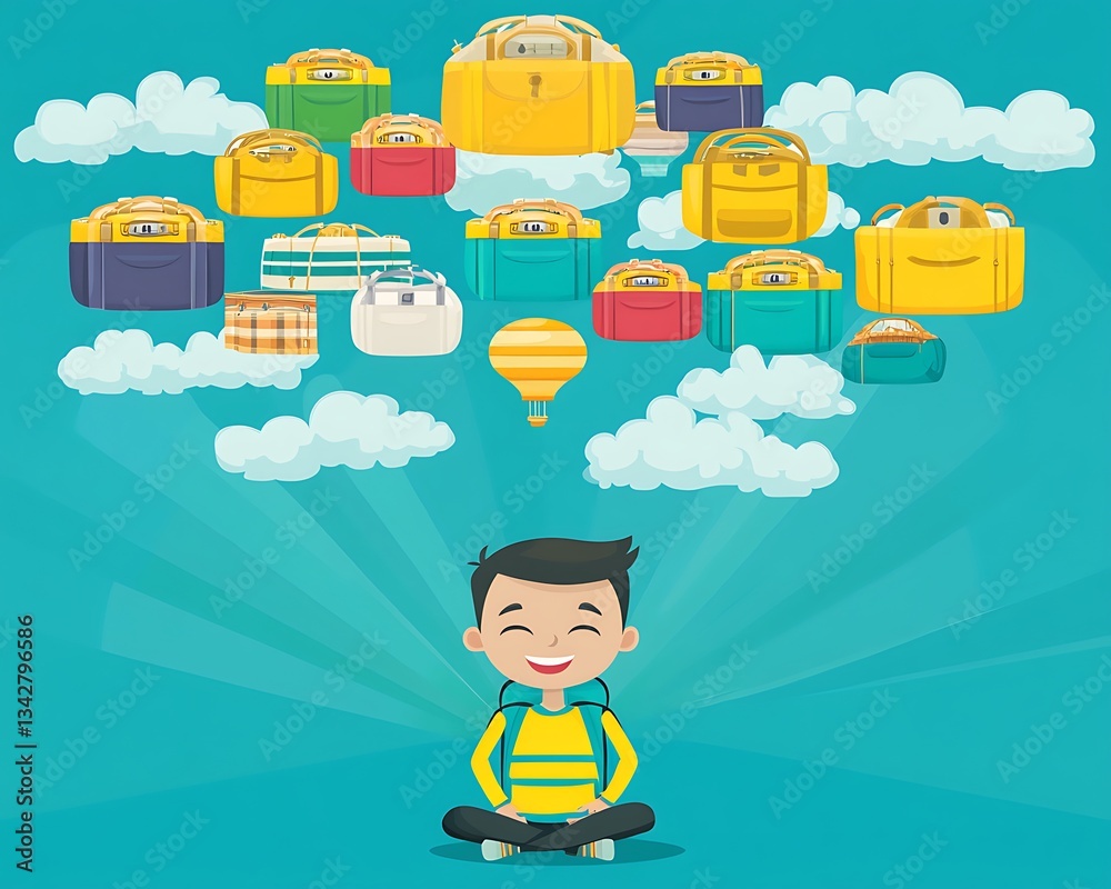 Child's imagination dream of flying backpacks and travel Child's imagination dream of flying backpacks and travel