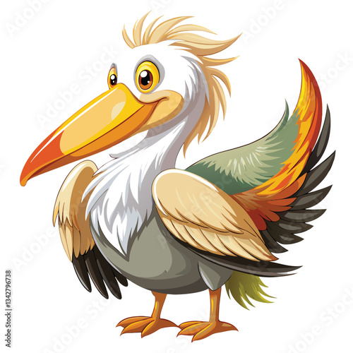 A large pelican with pristine white feathers, brownish-grey wings, and a substantial body mass, possibly resting or preening.
