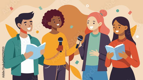 A group of students perform original spoken word poetry at a school event delving into topics of identity mental health and social justice.. Vector illustration