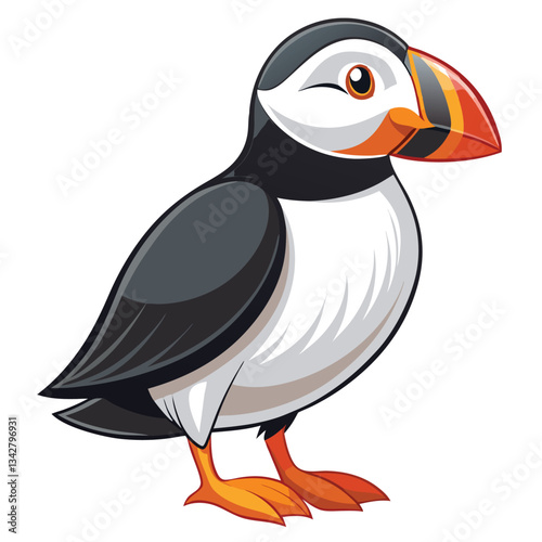 Close-up photograph of an Atlantic puffin showcasing its distinctive black back, white belly, and vibrant orange-red beak.  High-resolution image.