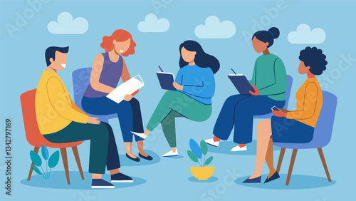 A group therapy session where the participants are all journaling about their traumas and how it has affected their daily lives.. Vector illustration
