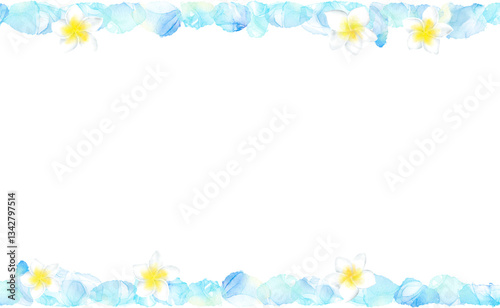 プルメリアと南国の浜辺の石でデザインした可愛いフレーム。さわやかな水彩風イラスト。