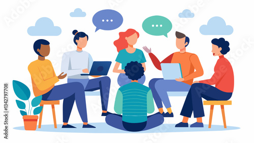 A group session where participants can share their experiences and learn techniques for communicating assertively but nonviolently.. Vector illustration