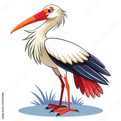 A majestic white stork with pristine white feathers and distinctive black wingtips, standing majestically.  Focus on detail in feathers and beak.
