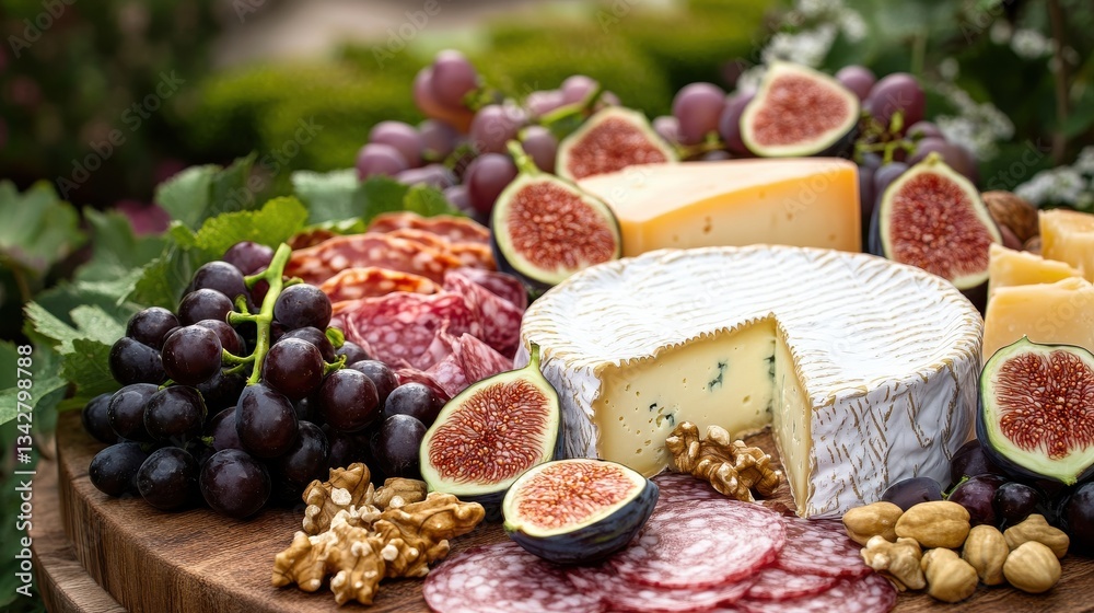 A beautifully arranged cheese and charcuterie platter with fruits and nuts. A beautifully arranged cheese and charcuterie platter with fruits and nuts.