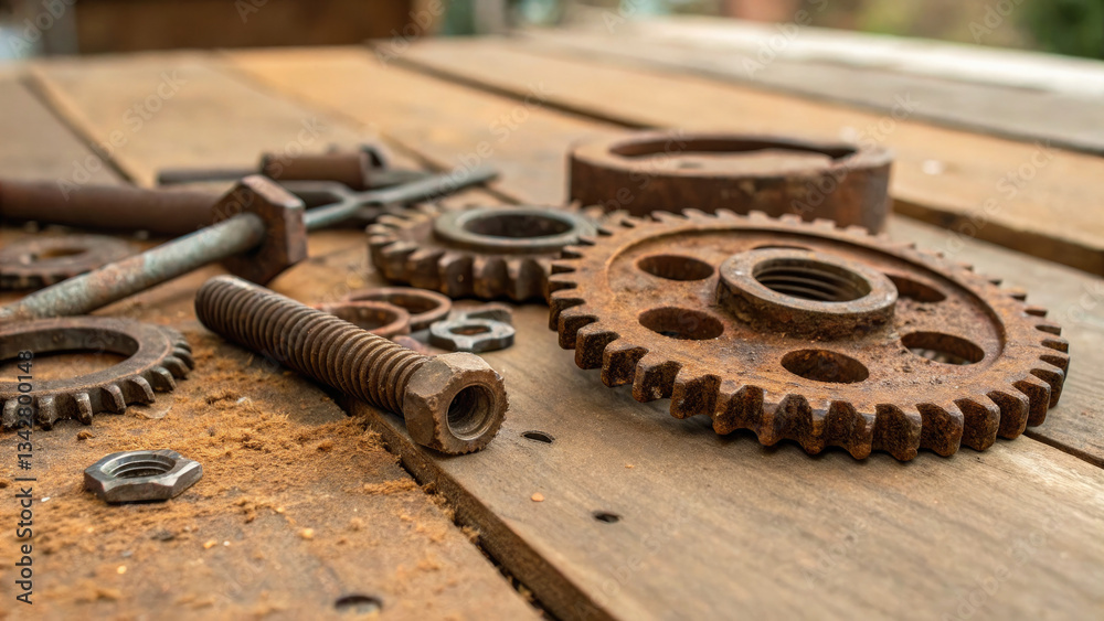 Rusty metal gears and bolts scattered on a wooden workbench, symbolizing mechanical wear and repair, industrial maintenance, and vintage machinery concepts. Rusty metal gears and bolts scattered on a wooden workbench, symbolizing mechanical wear and repair, industrial maintenance, and vintage machinery concepts.