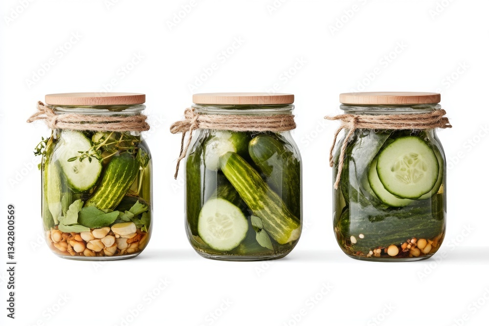 Three jars of homemade pickled cucumbers, featuring various herbs and spices Three jars of homemade pickled cucumbers, featuring various herbs and spices