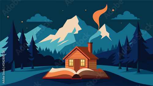 A rustic cabin in the mountains the only source of light coming from a flickering fireplace and the pages of a novel.. Vector illustration