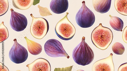  Vibrant Organic Background with Seamless Botanical Pattern of Fresh Ripe Figs. Nature, Fruit, and Design Harmony