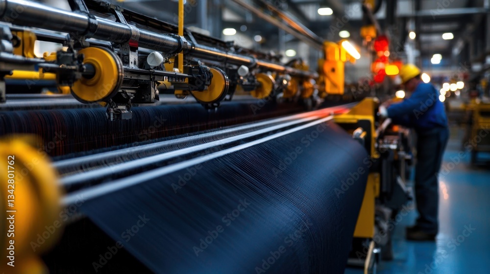 Inside a manufacturing facility, machines process fabric as a worker carefully monitors the equipment. The bright lighting illuminates the production line, ensuring efficiency and quality control Inside a manufacturing facility, machines process fabric as a worker carefully monitors the equipment. The bright lighting illuminates the production line, ensuring efficiency and quality control