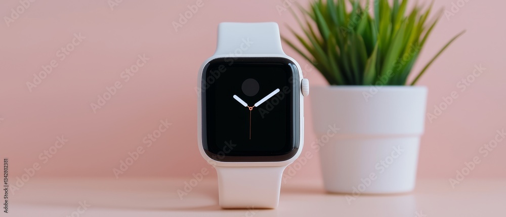 A sleek smartwatch with a white band sits on a wooden surface next to a potted plant, set against a pastel pink background. A sleek smartwatch with a white band sits on a wooden surface next to a potted plant, set against a pastel pink background.