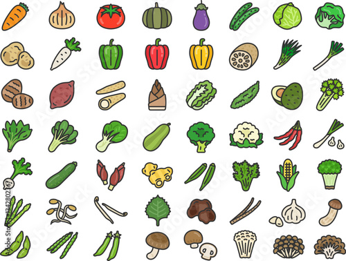いろいろな、野菜アイコン（線画カラー）のイラストセット