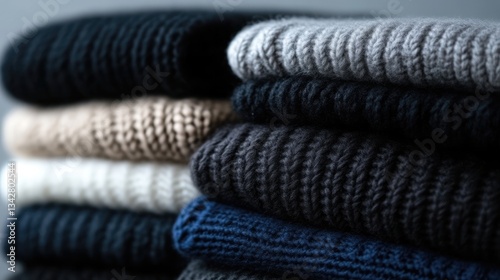 Stacked sweaters in various colors and textures