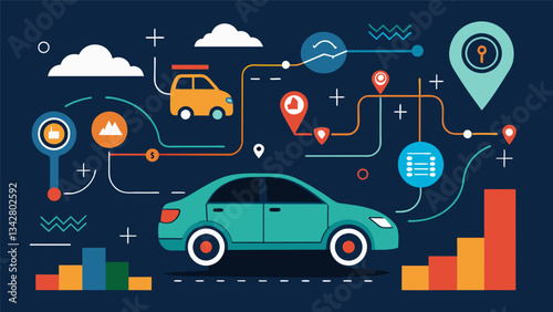 Analyzing driving patterns and habits through GPS data to optimize car performance and efficiency.. Vector illustration
