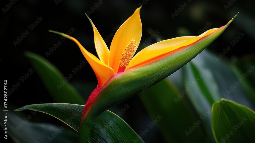Obraz premium A vibrant tropical flower with bright yellow and orange petals opens in a rich green garden. Sunlight illuminates the blossom, highlighting its graceful form and striking colors