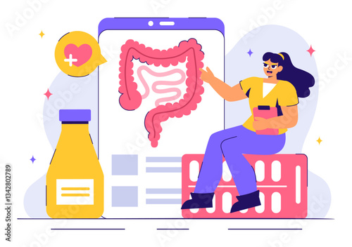 Proctologist or Colonoscopy Vector Illustration with a Doctor Examining the Colon or Small Intestine and Displaying Harmful Bacteria in a Background