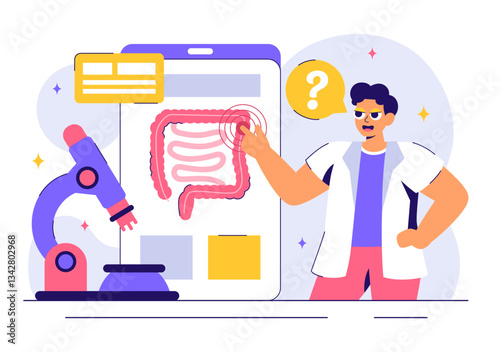 Proctologist or Colonoscopy Vector Illustration with a Doctor Examining the Colon or Small Intestine and Displaying Harmful Bacteria in a Background