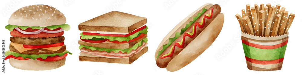 A colorful illustration featuring a burger, sandwich, hot dog, and french fries, showcasing a variety of popular fast food items.