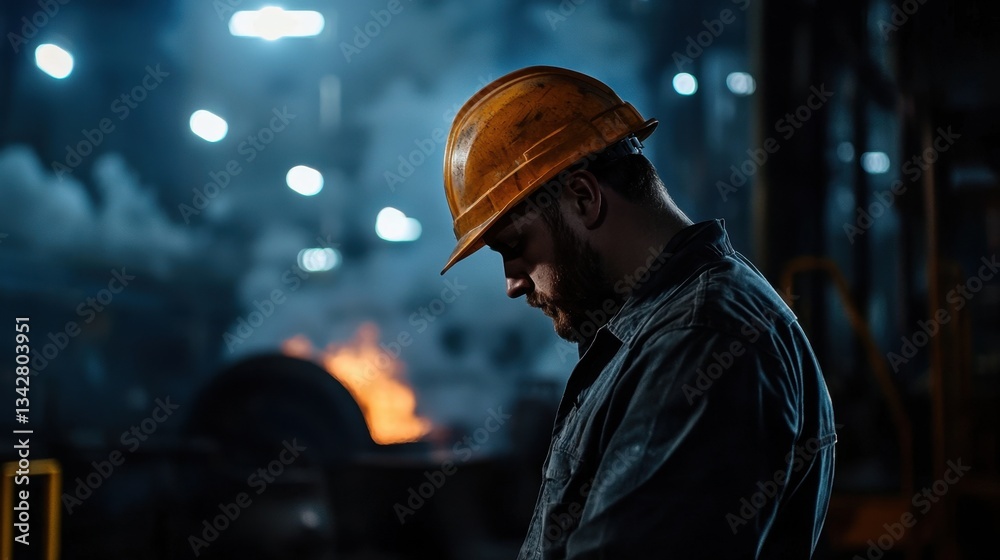 Obraz premium A worker in a hard hat stands with his head bowed, lost in thought amidst an industrial setting. Molten metal glows in the background, highlighting the busy factory atmosphere at night