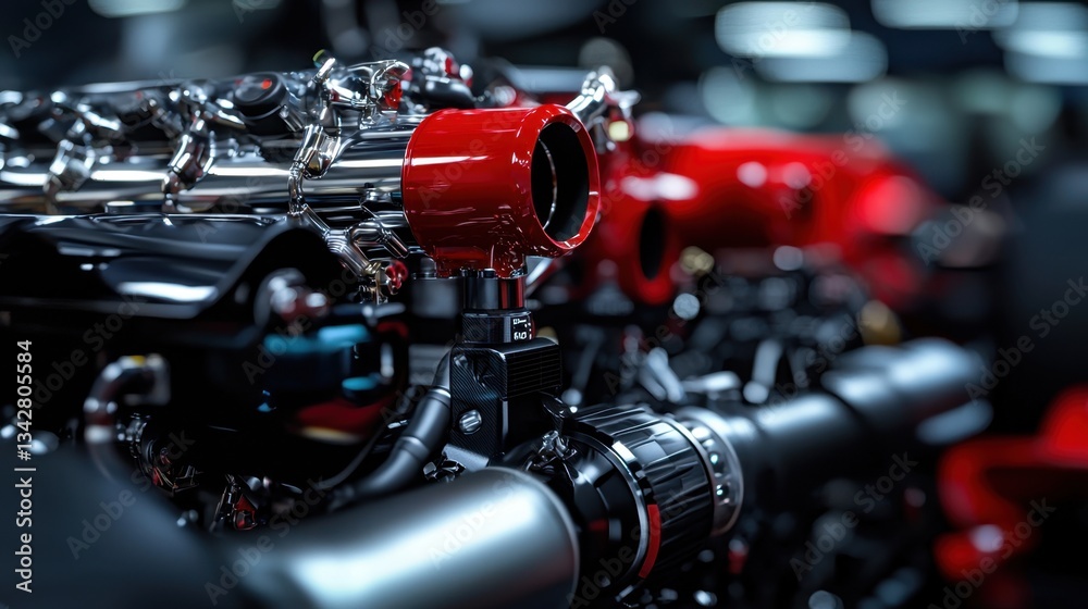 Fototapeta premium Intricate details of a high-performance engine are highlighted, showcasing chrome and red components. This close-up captures the craftsmanship and engineering in a workshop environment
