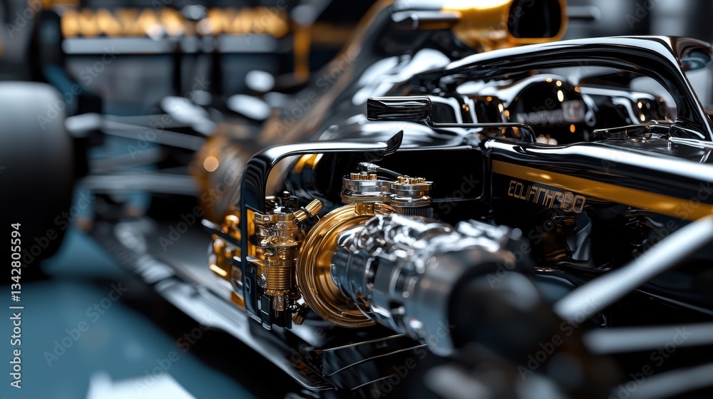 Fototapeta premium A detailed view of a racing car's engine reveals complex engineering and craftsmanship. The sleek design enhances performance and aesthetics, emphasizing precision in automotive technology