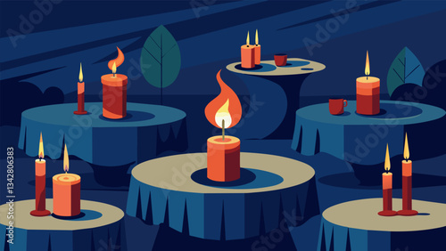 The flickering candles on each table added to the intimate atmosphere of the poetry night.. Vector illustration