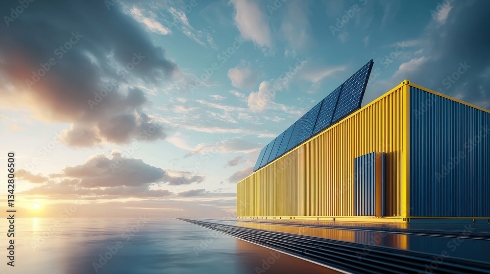 Fototapeta premium Modern Container Structure with Solar Panels Reflecting Sunset Sky