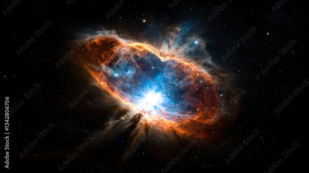 Fototapeta premium Bright colors radiate from a cosmic explosion, showcasing blues, oranges, and reds amidst the dark backdrop of space. This celestial event reveals the beauty of stellar formation