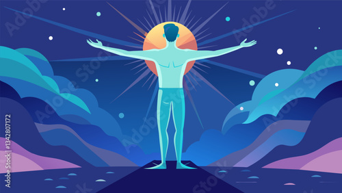 A man stands tall his arms stretched wide as he breathes deeply and envisions his Kundalini energy rising and expanding throughout the universe.. Vector illustration