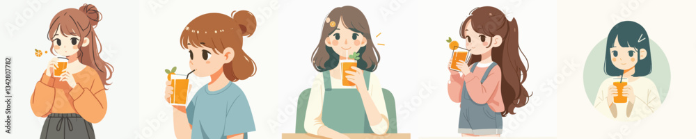 set of vector girls drinking orange juice set of vector girls drinking orange juice
