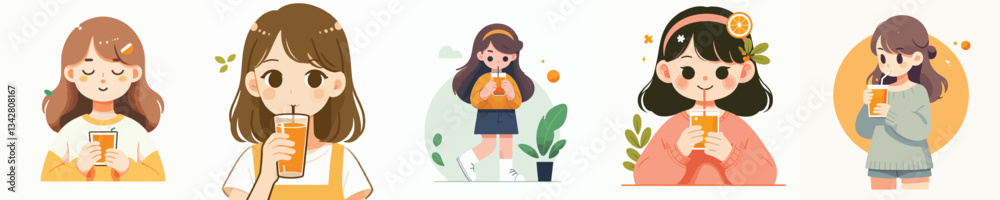 set of vector girls drinking orange juice set of vector girls drinking orange juice
