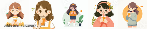 set of vector girls drinking orange juice