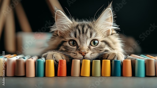 A playful cat curiously observes colorful art supplies, showcasing its curious nature and vibrant surroundings.