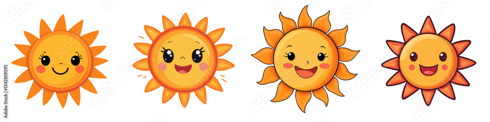 A collection of colorful and cheerful cartoon sun characters with friendly smiling expressions radiating warmth and positivity