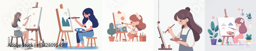vector set of a girl painting