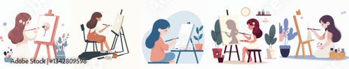 vector set of a girl painting