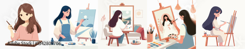 vector set of a girl painting