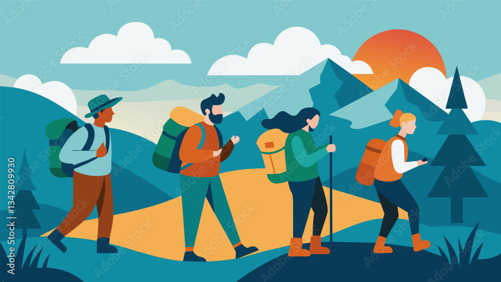 Naklejka premium A group of individuals on a multiday backpacking trip learning to adapt to uncertain and challenging situations.. Vector illustration