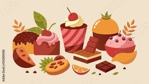 A tableau of decadent treats each one crafted with the finest cocoa and infused with exotic flavors like Madagascar vanilla and Tuscan raspberry.. Vector illustration