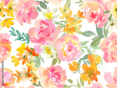 Fototapeta Naklejka Na Ścianę i Meble -  Abstract pink roses and wild flowers Seamless Pattern in Watercolor with transparency background, Watercolor spring and summer Floral Textile Design