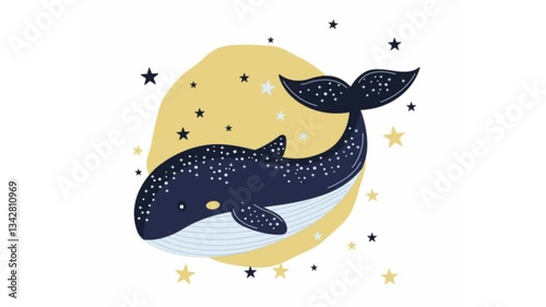 Footage of Big Blue Whale Shark Animal Cartoon Character Swimming with Stars Decoration