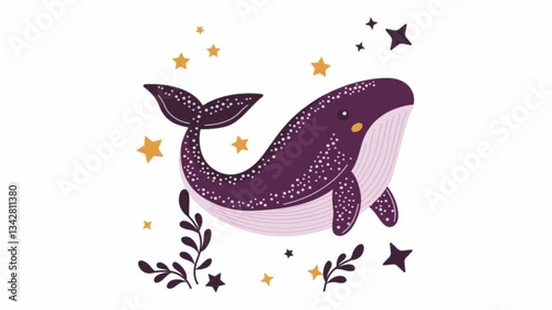 Footage of Big Purple Whale Shark Animal Cartoon Character Swimming with Floral Stars Decoration