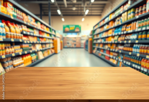 Supermarket Aisle with Wooden Table in Foreground