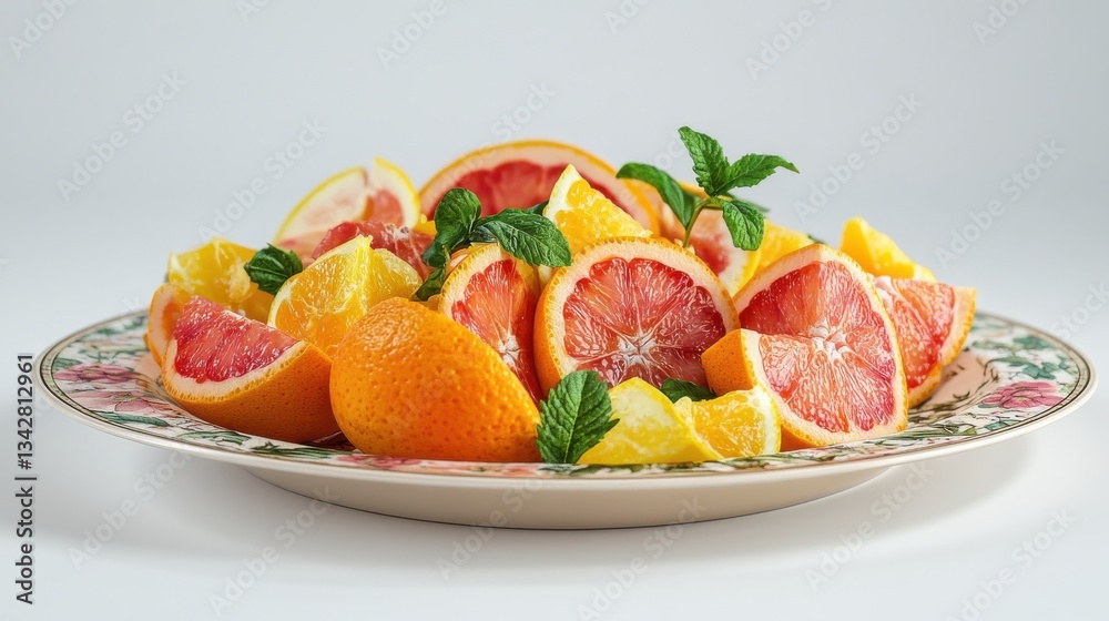 A vibrant platter of assorted citrus fruits garnished with mint leaves. A vibrant platter of assorted citrus fruits garnished with mint leaves.