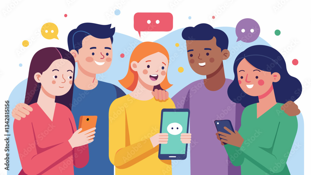 Fototapeta premium A group of friends discussing their emotional states while looking at their mood tracking app together.. Vector illustration