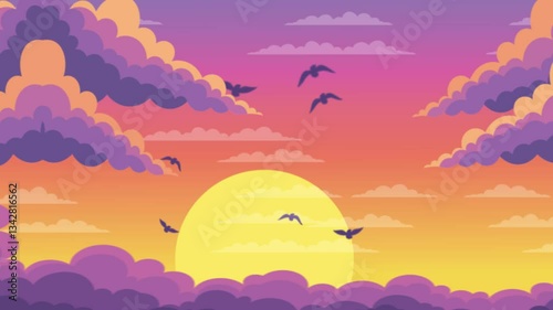 Footage of Birds Flying in Sunset Sky with Big Sun and Clouds Nature Landscape