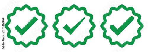 Green tick - symbol of certification and verification on social media and social network. Verified and certified official account and profile. Symbol, sign and icon. Green tick verified badge icon. 
